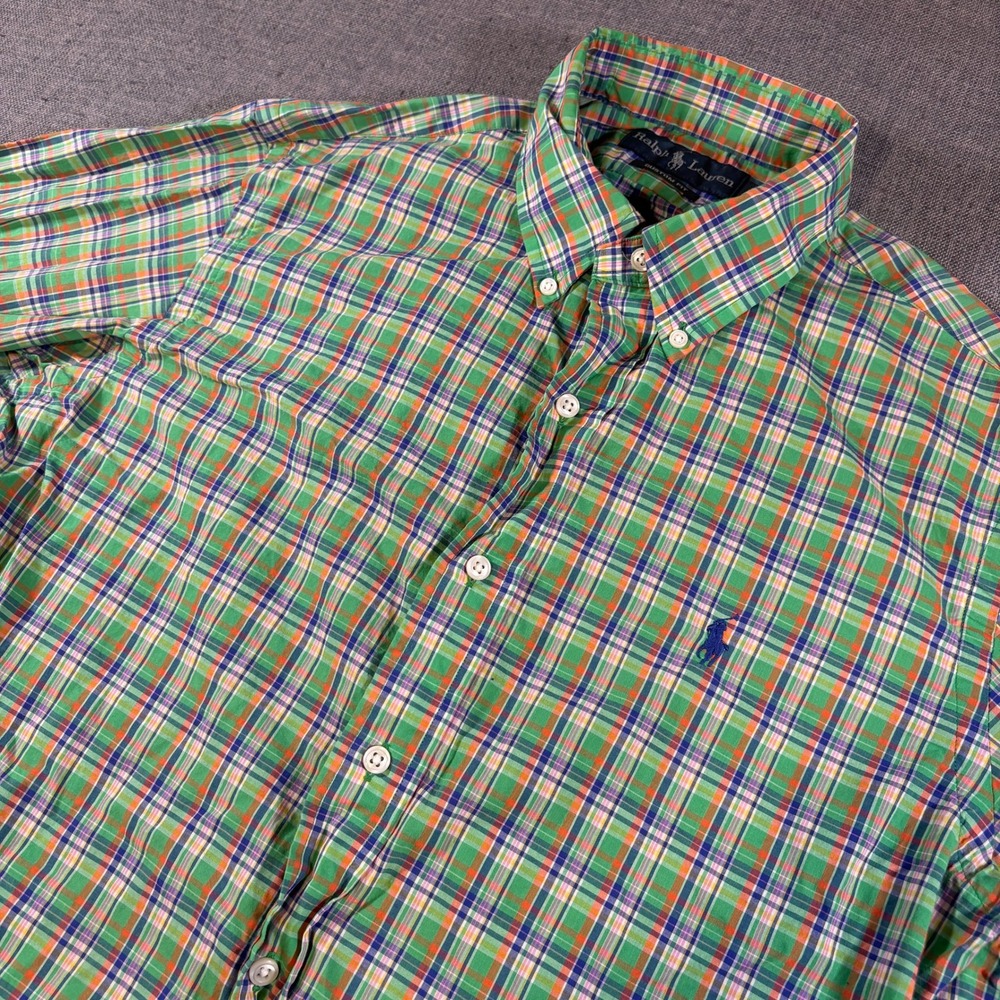 Ralph‎ Lauren Button Down Shirt Mens Medium Green Plaid Custom Fit Long Sleeve